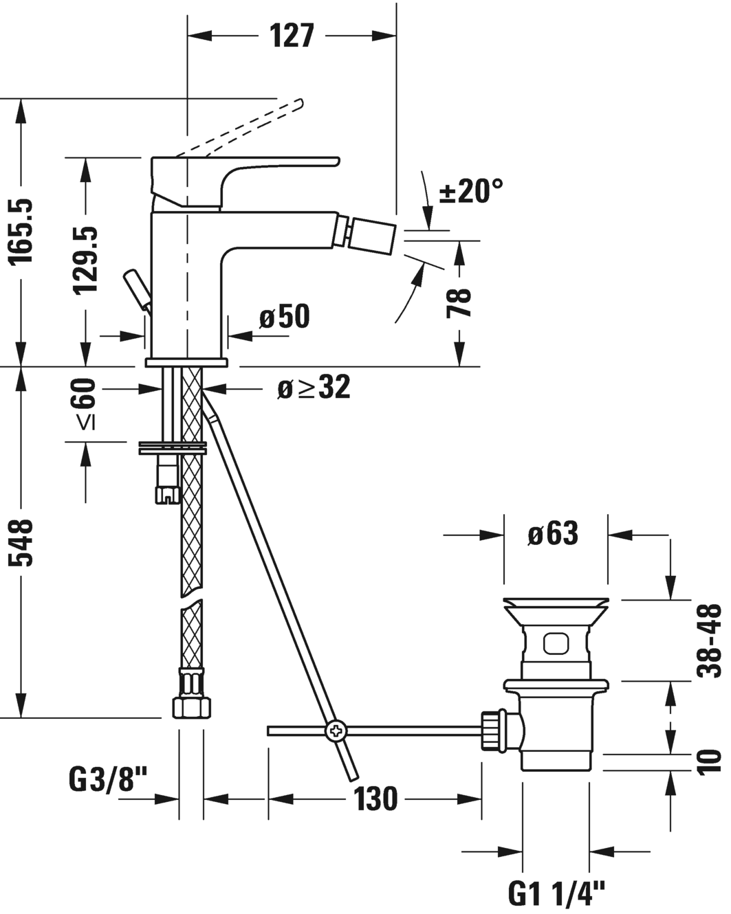妇洗器龙头, b12400001010 流率 5,3 升/分钟 (3 bar), 连接件尺寸